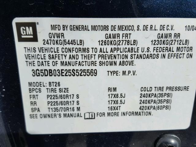 3G5DB03E25S525569 - 2005 BUICK RENDEZVOUS BLUE photo 10