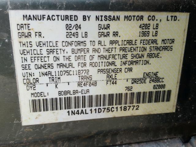 1N4AL11D75C118772 - 2005 NISSAN ALTIMA S GREEN photo 10