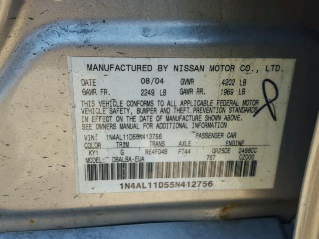 1N4AL11D55N412756 - 2005 NISSAN ALTIMA S SILVER photo 10