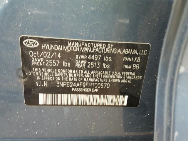 5NPE24AF9FH100670 - 2015 HYUNDAI SONATA SE BLUE photo 10