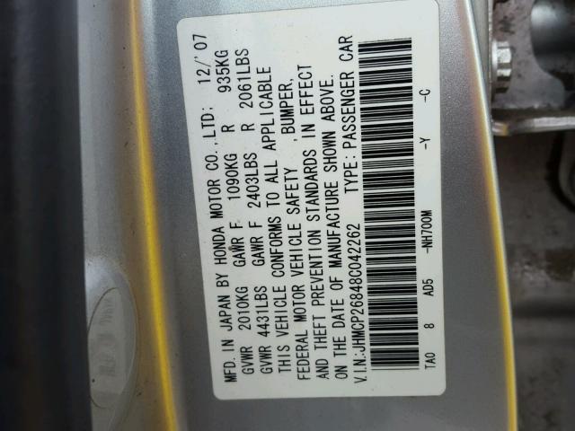 JHMCP26848C042262 - 2008 HONDA ACCORD EXL SILVER photo 10