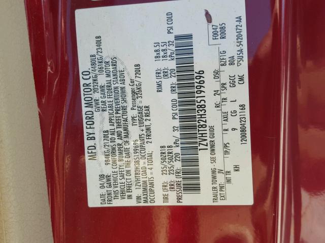 1ZVHT82H385199696 - 2008 FORD MUSTANG GT RED photo 10