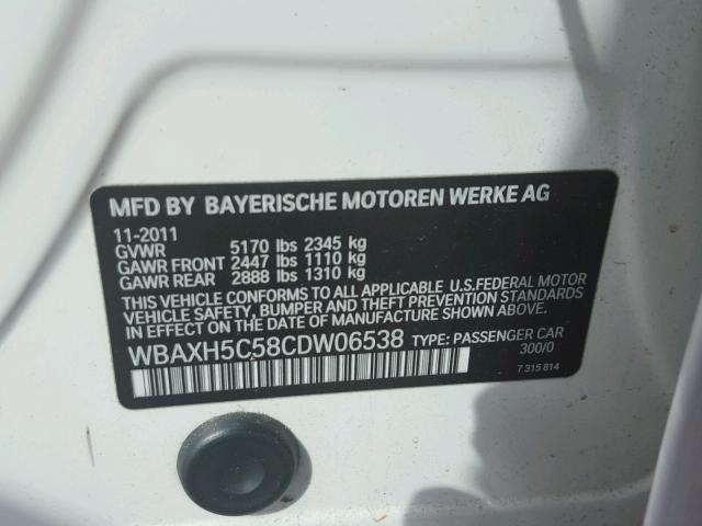 WBAXH5C58CDW06538 - 2012 BMW 528 XI WHITE photo 10