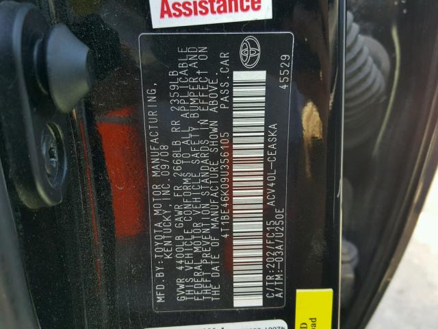 4T1BE46K09U356105 - 2009 TOYOTA CAMRY BASE BLACK photo 10