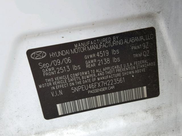 5NPEU46FX7H223561 - 2007 HYUNDAI SONATA SE WHITE photo 10