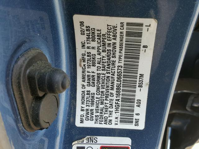 1HGFA16886L066573 - 2006 HONDA CIVIC EX BLUE photo 10