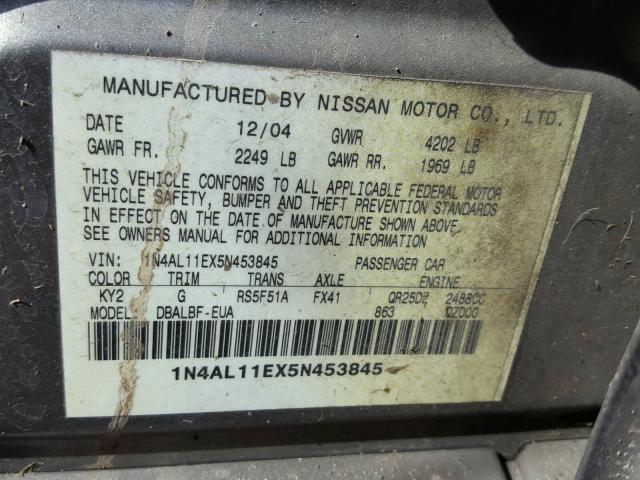 1N4AL11EX5N453845 - 2005 NISSAN ALTIMA S GRAY photo 10