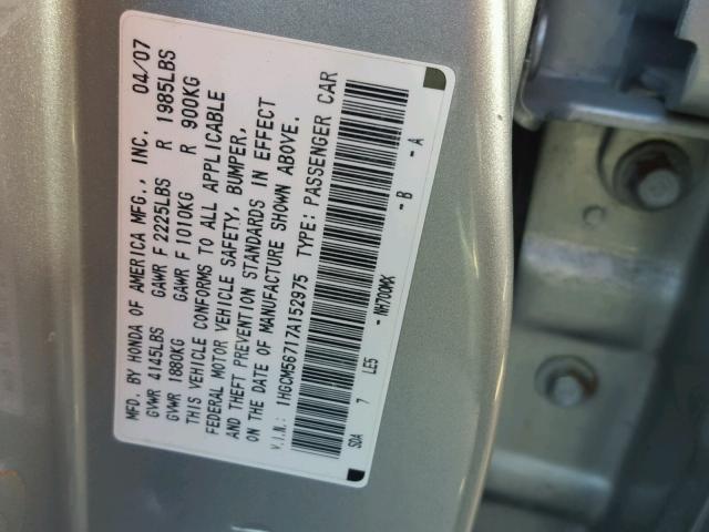 1HGCM56717A152975 - 2007 HONDA ACCORD EX SILVER photo 10