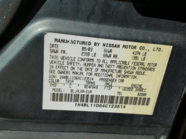 1N4BL11D64C123514 - 2004 NISSAN ALTIMA SE GREEN photo 10