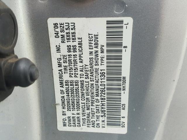 5J6YH18726L011361 - 2006 HONDA ELEMENT EX GRAY photo 10