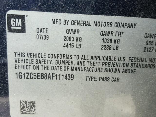 1G1ZC5EB8AF111439 - 2010 CHEVROLET MALIBU 1LT BLUE photo 10