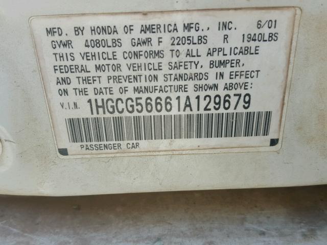 1HGCG56661A129679 - 2001 HONDA ACCORD EX WHITE photo 10