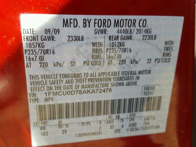 1FMCU0D78AKA72476 - 2010 FORD ESCAPE XLT BURGUNDY photo 10