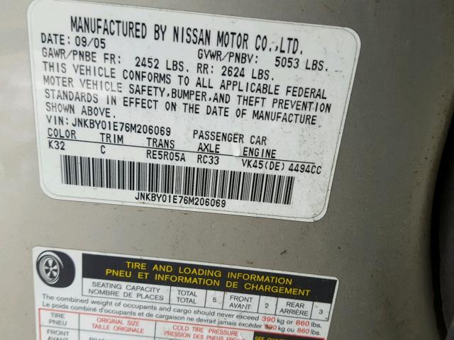 JNKBY01E76M206069 - 2006 INFINITI M45 BASE SILVER photo 10