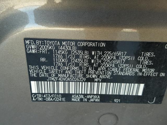 JTMZF4DV0A5026329 - 2010 TOYOTA RAV4 BROWN photo 10