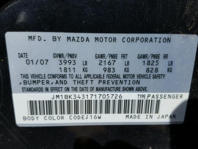 JM1BK343171705726 - 2007 MAZDA 3 HATCHBAC BLACK photo 10