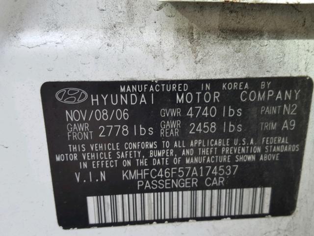 KMHFC46F57A174537 - 2007 HYUNDAI AZERA SE WHITE photo 10