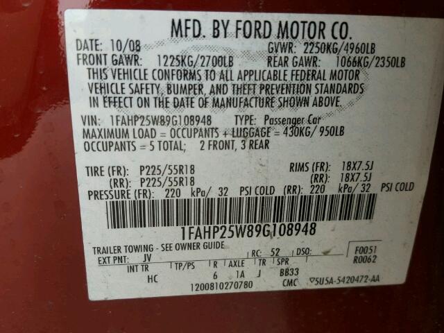 1FAHP25W89G108948 - 2009 FORD TAURUS MAROON photo 10