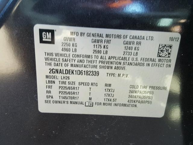 2GNALDEK1D6182339 - 2013 CHEVROLET EQUINOX LT CHARCOAL photo 10