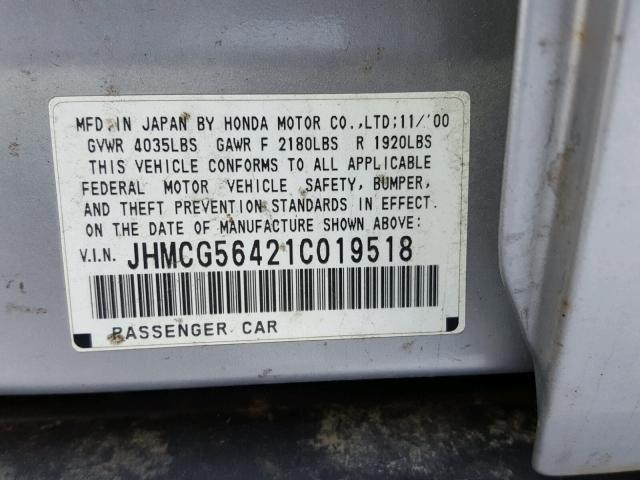 JHMCG56421C019518 - 2001 HONDA ACCORD LX SILVER photo 10