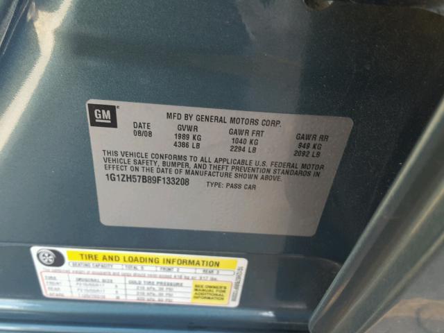 1G1ZH57B89F133208 - 2009 CHEVROLET MALIBU 1LT 绿色 照片 10