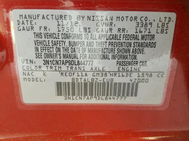 3N1CN7AP9DL844777 - 2013 NISSAN VERSA S RED photo 10