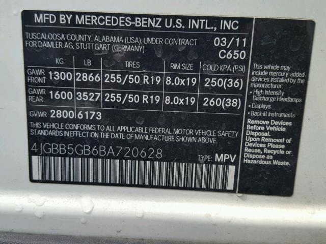 4JGBB5GB6BA720628 - 2011 MERCEDES-BENZ ML 350 WHITE photo 10