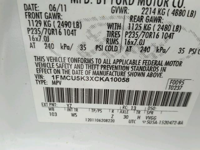 1FMCU5K3XCKA10058 - 2012 FORD ESCAPE HYB WHITE photo 10