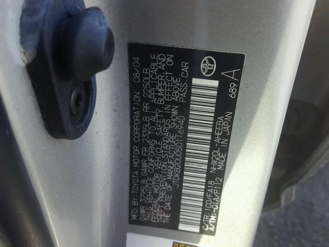 JTDKB20U050116940 - 2005 TOYOTA PRIUS SILVER photo 10