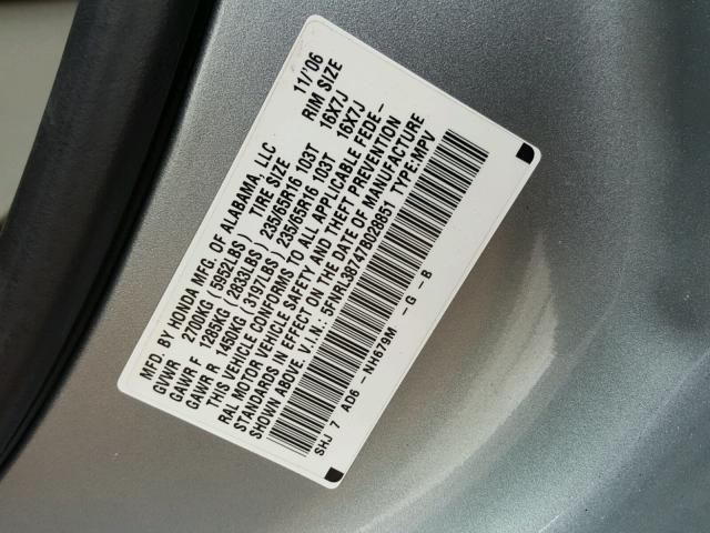 5FNRL38747B028851 - 2007 HONDA ODYSSEY EX GRAY photo 10