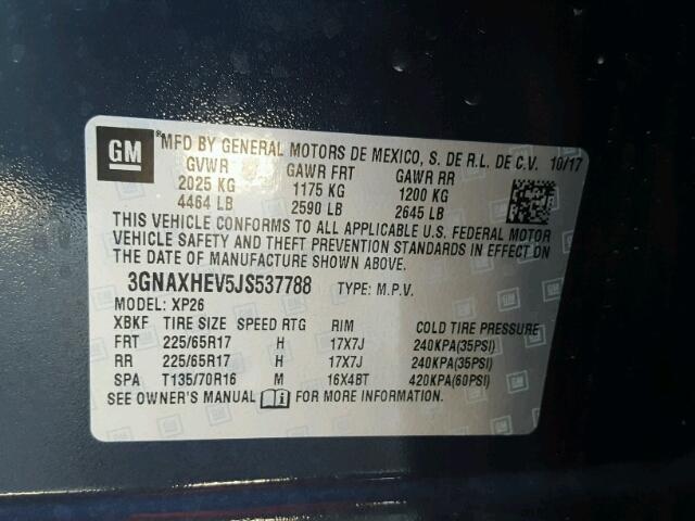 3GNAXHEV5JS537788 - 2018 CHEVROLET EQUINOX LS BLUE photo 10