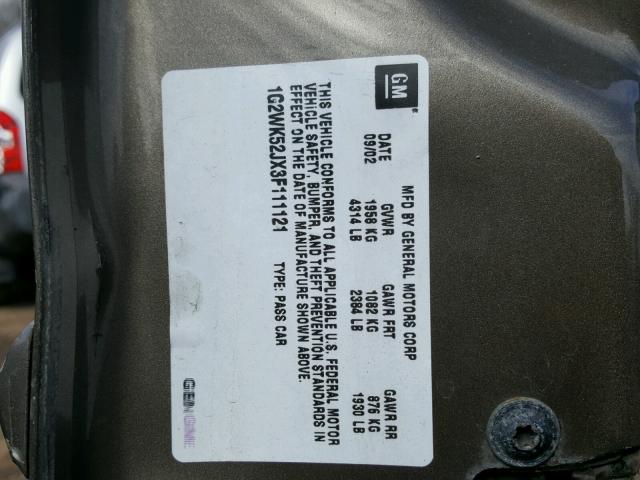 1G2WK52JX3F111121 - 2003 PONTIAC GRAND PRIX GRAY photo 10