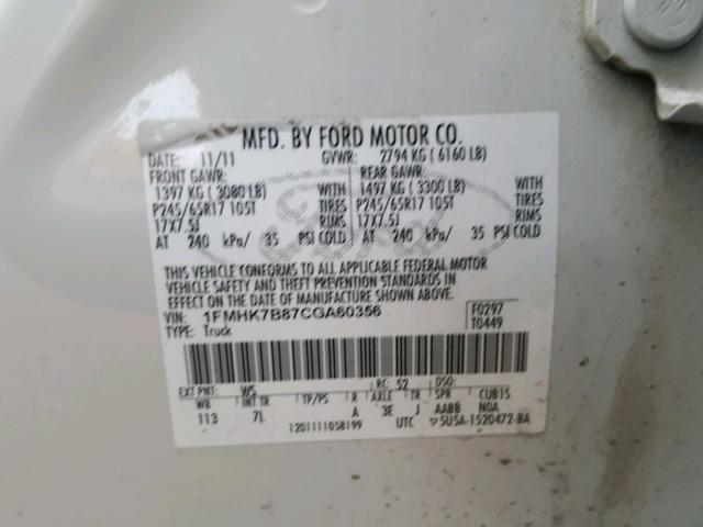 1FMHK7B87CGA60356 - 2012 FORD EXPLORER WHITE photo 10