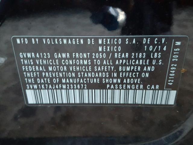 3VW1K7AJ4FM233672 - 2015 VOLKSWAGEN JETTA BASE 黑色 照片 10