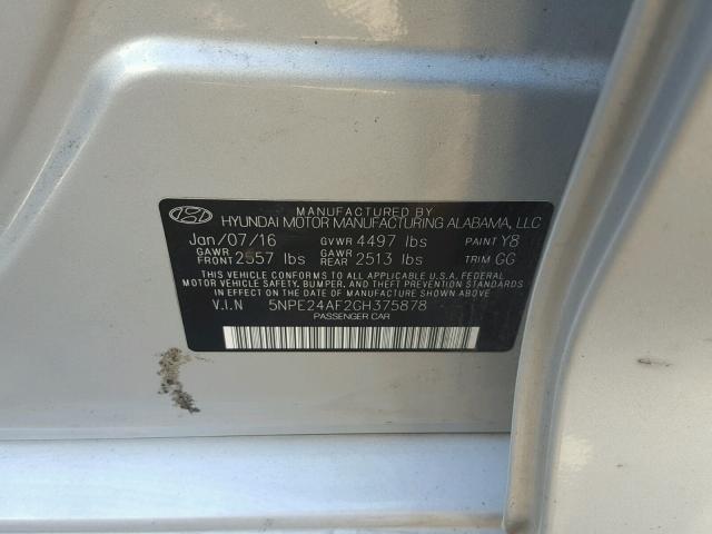 5NPE24AF2GH375878 - 2016 HYUNDAI SONATA SE SILVER photo 10