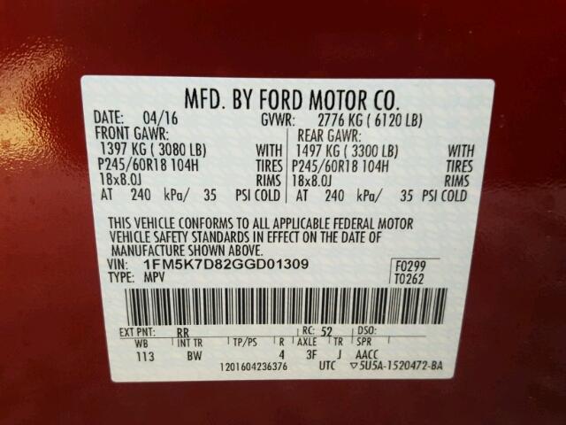 1FM5K7D82GGD01309 - 2016 FORD EXPLORER X MAROON photo 10