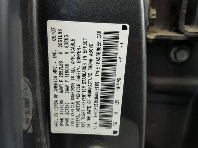 1HGCP36848A006169 - 2008 HONDA ACCORD EXL GRAY photo 10