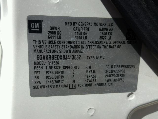 5GAKRBEDXBJ413032 - 2011 BUICK ENCLAVE CX WHITE photo 10