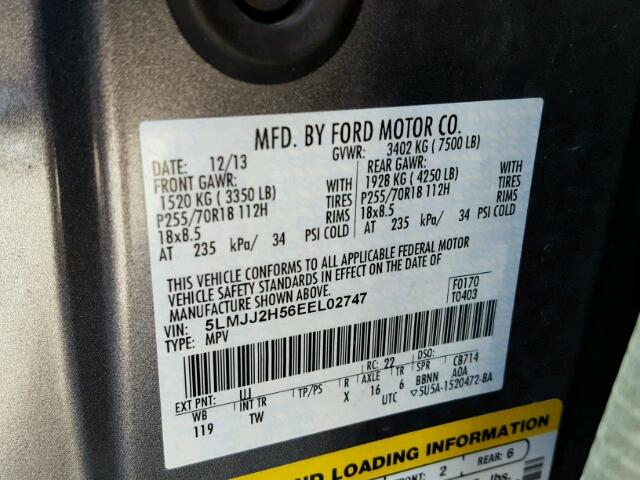 5LMJJ2H56EEL02747 - 2014 LINCOLN NAVIGATOR ნაცრისფერი ფოტო 10