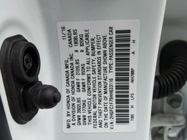 2HGFC1F79HH633116 - 2017 HONDA CIVIC EXL WHITE photo 10