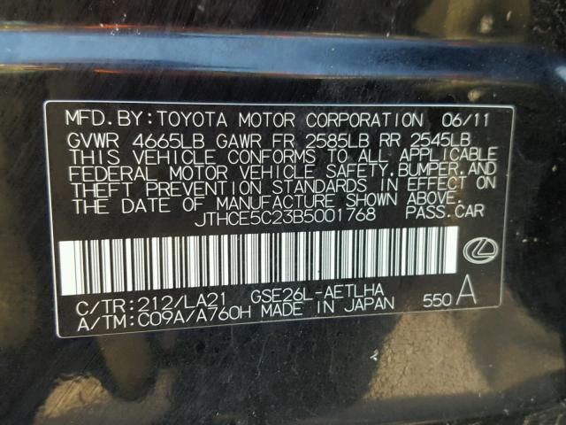 JTHCE5C23B5001768 - 2011 LEXUS IS 350 BLACK photo 10