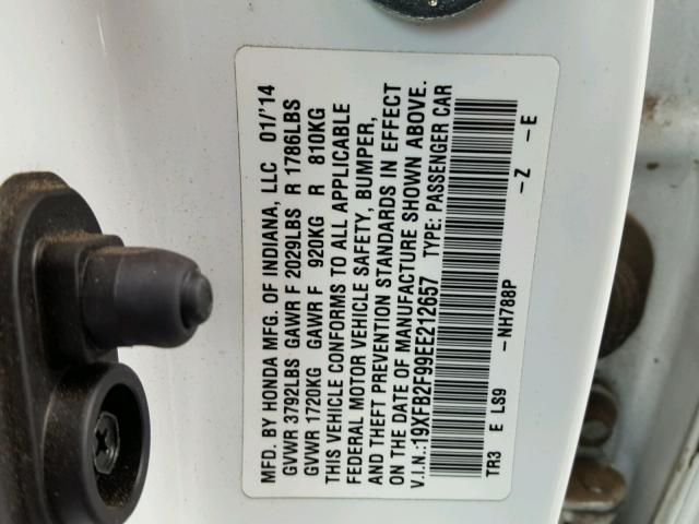 19XFB2F99EE212657 - 2014 HONDA CIVIC EXL თეთრი ფოტო 10