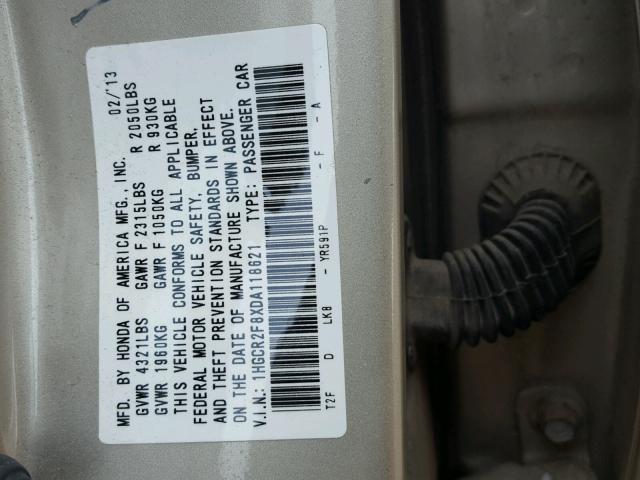 1HGCR2F8XDA118621 - 2013 HONDA ACCORD EXL GOLD photo 10