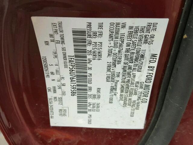 1FAFP56U76A159586 - 2006 FORD TAURUS SEL MAROON photo 10