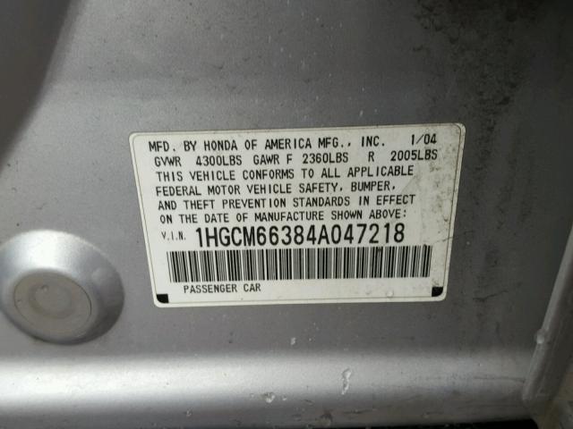 1HGCM66384A047218 - 2004 HONDA ACCORD LX SILVER photo 10