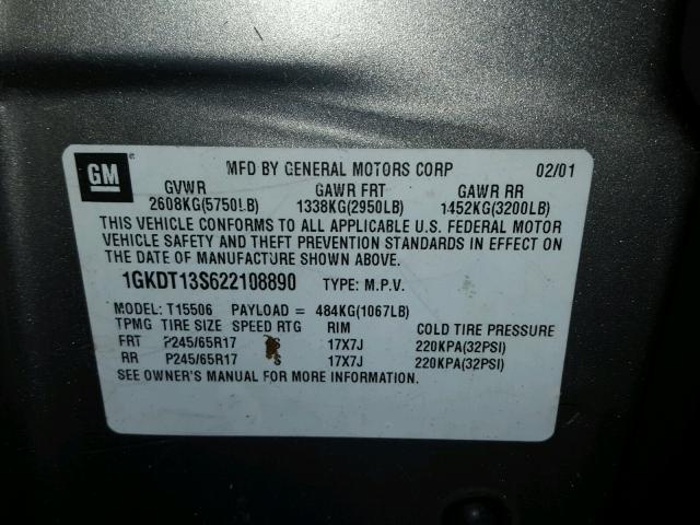 1GKDT13S622108890 - 2002 GMC ENVOY Bej foto 10
