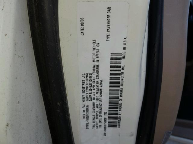 4S3BH675847611770 - 2004 SUBARU LEGACY OUT WHITE photo 10