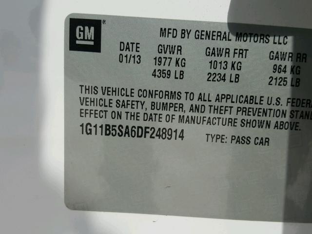 1G11B5SA6DF248914 - 2013 CHEVROLET MALIBU LS თეთრი ფოტო 10