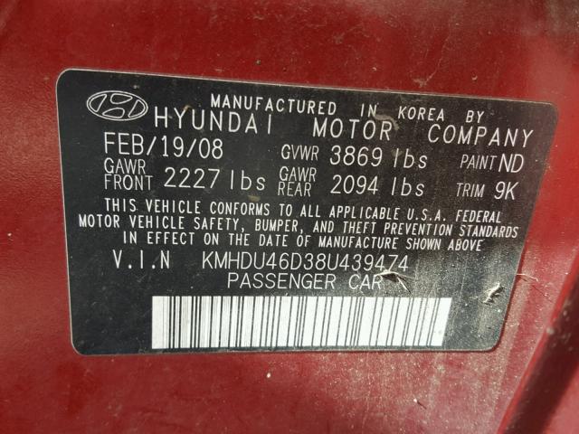 KMHDU46D38U439474 - 2008 HYUNDAI ELANTRA GL RED photo 10