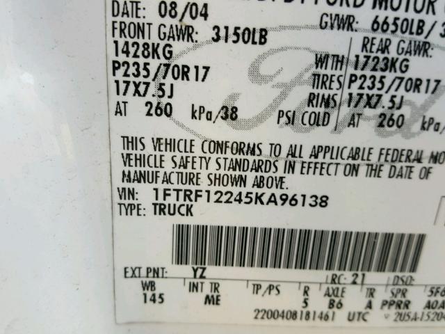 1FTRF12245KA96138 - 2005 FORD F150 WHITE photo 10